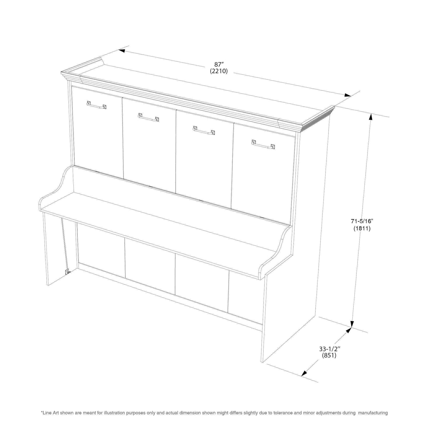 Queen Murphy bed with desk and headboard, Allegra horizontal walnut, dimension diagram