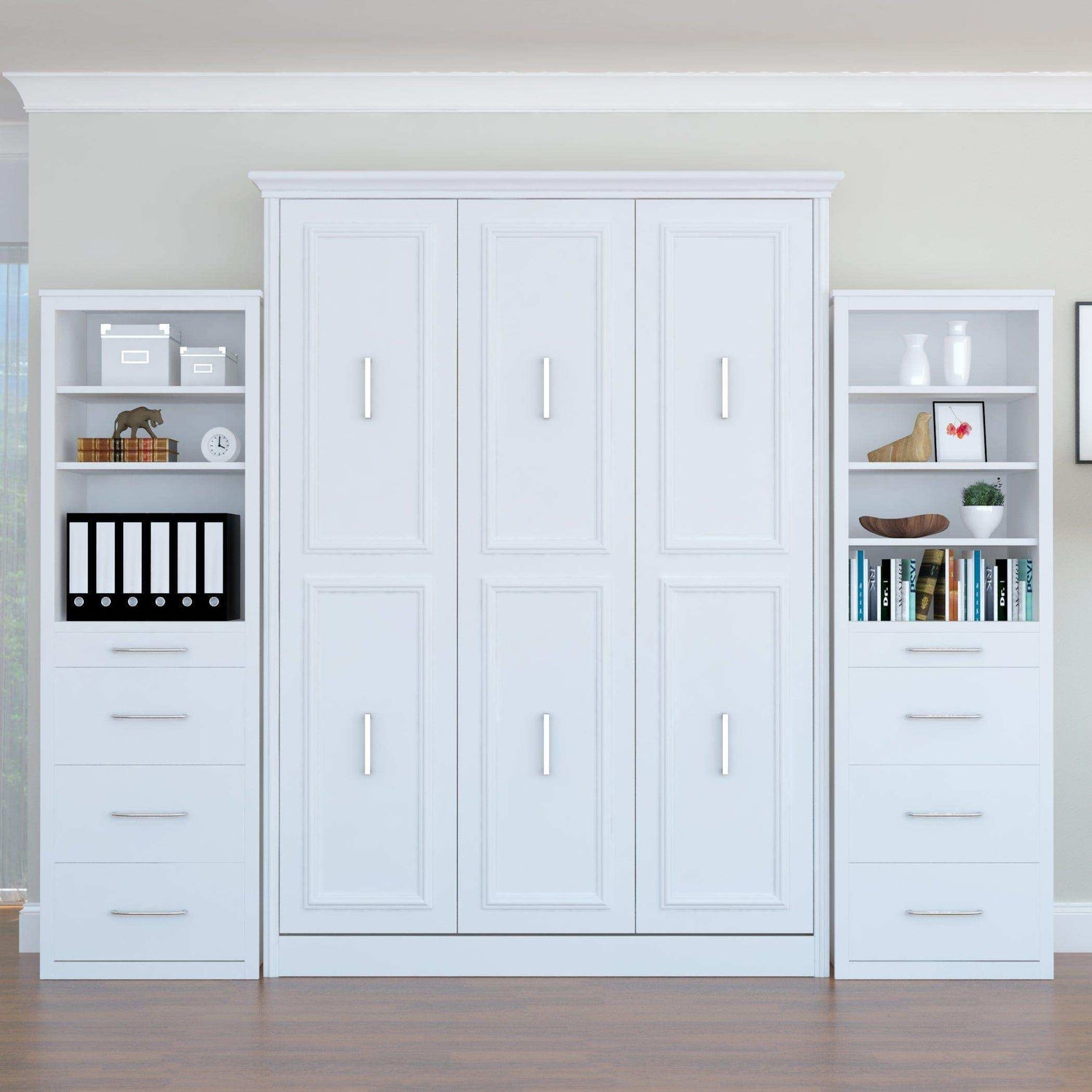 Queen size white Murphy bed with two side tower storage units in modern bedroom
