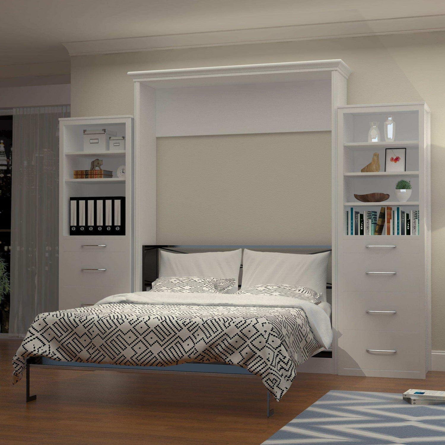 White vertical queen Murphy bed with two side towers and storage in modern bedroom