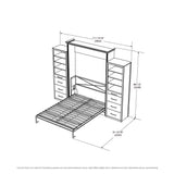 Queen Murphy bed with two side storage towers, white frame, dimensioned line drawing