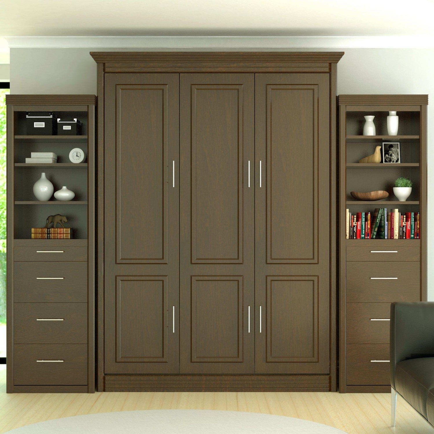Coventry walnut queen Murphy bed with two side storage towers in a modern bedroom