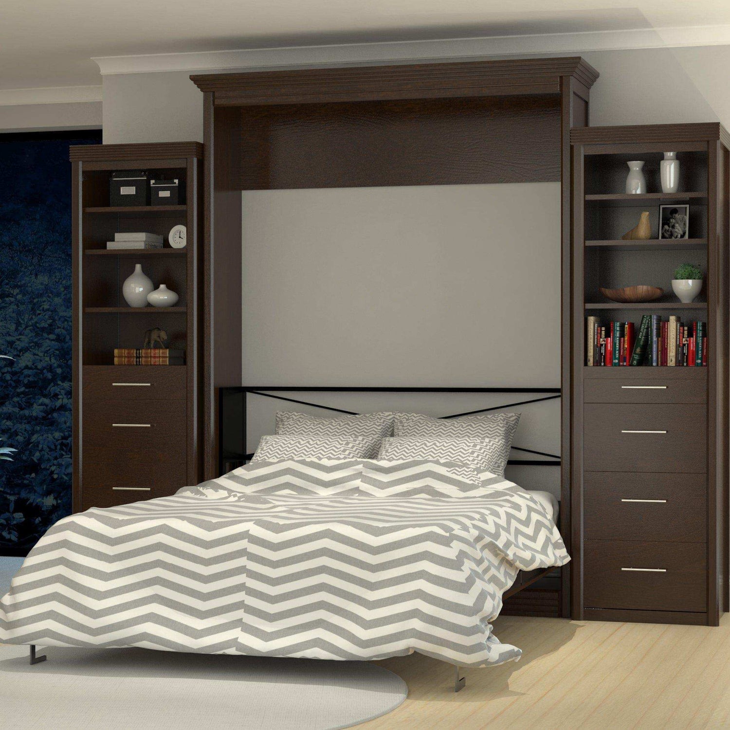 Queen Murphy bed with walnut finish, side tower storage, and chevron bedding in modern bedroom