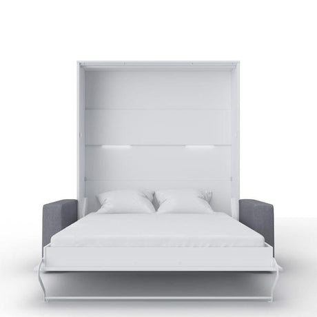 Invento Vertical European Queen Murphy Bed in White with Couch in Grey - Bedroom Depot USA