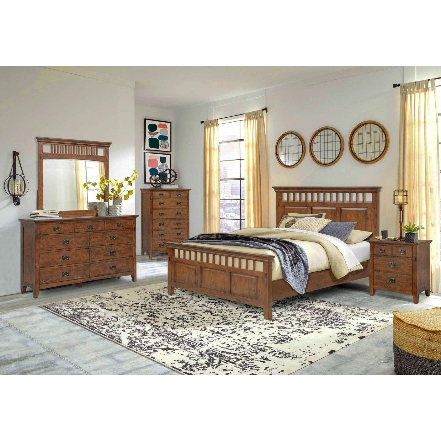 Sunset Trading Mission Bay 5 Piece Queen Bedroom Set | Amish Brown Solid Wood | Panel Bed Dresser Mirror Chest Nightstand CF-4901-0877-Q5P - Bedroom Depot USA