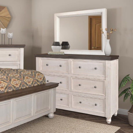 Sunset Trading Rustic French 6 Drawer Double Dresser and Mirror Set | Distressed White and Brown Solid Wood HH-4750-20-310 - Bedroom Depot USA