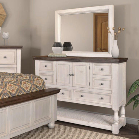 Sunset Trading Rustic French Dresser and Mirror Set | 6 Drawer | 2 Storage Cabinets | Large Display Shelf | Distressed White and Brown Solid Wood HH-4750-20-315 - Bedroom Depot USA