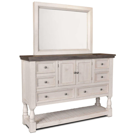 Sunset Trading Rustic French Dresser and Mirror Set | 6 Drawer | 2 Storage Cabinets | Large Display Shelf | Distressed White and Brown Solid Wood HH-4750-20-315 - Bedroom Depot USA