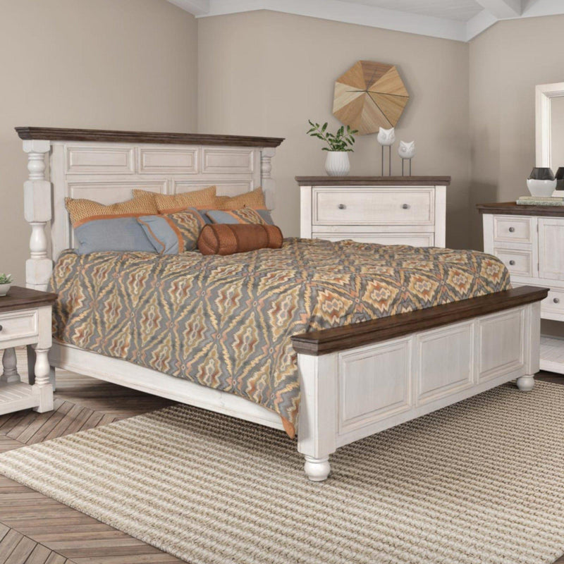 Sunset Trading Rustic French King Panel Bed | Distressed White and Brown Solid Wood HH-4750-KB - Bedroom Depot USA
