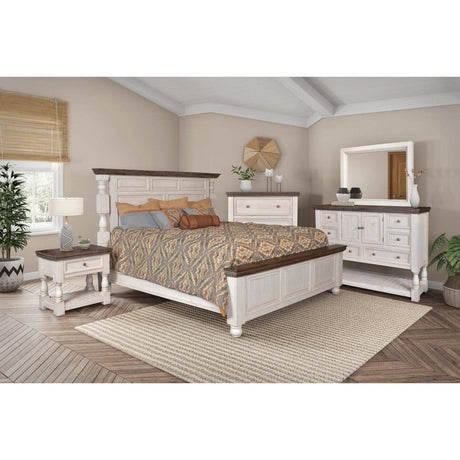 Sunset Trading Rustic French King Panel Bed | Distressed White and Brown Solid Wood HH-4750-KB - Bedroom Depot USA