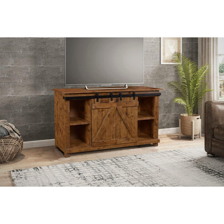 Sunset Trading Stowe Barn Door Console | Media Cabinet | TV Stand | Rustic Brown Solid Wood HH-2975-060 - Bedroom Depot USA