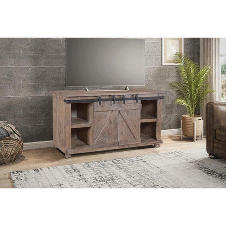 Sunset Trading Stowe Barn Door Console | Media Cabinet | TV Stand | Rustic Gray Solid Wood HH-2115-060 - Bedroom Depot USA