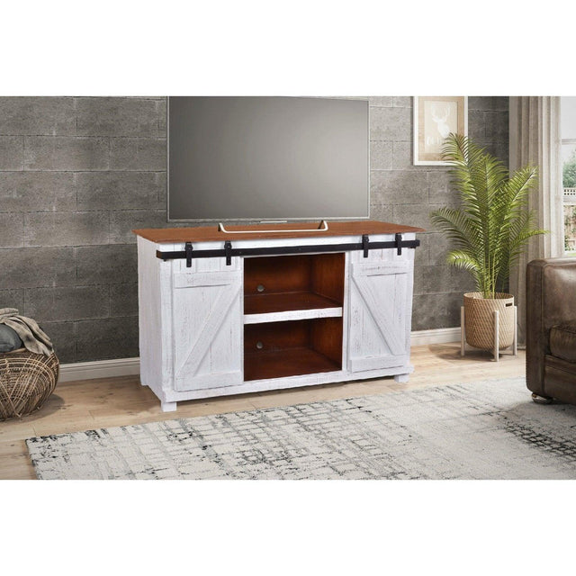 Sunset Trading Stowe Barn Door Console | Media Cabinet | TV Stand | Rustic White and Brown Solid Wood HH-2130-060 - Bedroom Depot USA