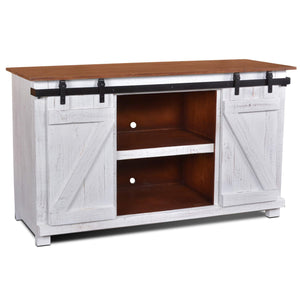 Sunset Trading Stowe Barn Door Console | Media Cabinet | TV Stand | Rustic White and Brown Solid Wood HH-2130-060 - Bedroom Depot USA