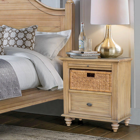 Sunset Trading Vintage Casual Nightstand with Basket | Pull Out Shelf | 2 Drawers | Distressed Natural Maple Acacia | Solid Wood CF-1236-0252 - Bedroom Depot USA