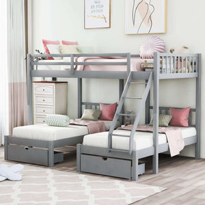 Triple Bunk Bed, Full Over Twin-Twin, Drawers & Nightstand, Gray