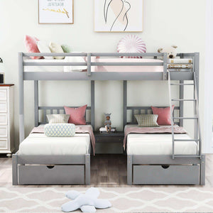 Triple Bunk Bed, Full Over Twin-Twin, Drawers & Nightstand, Gray
