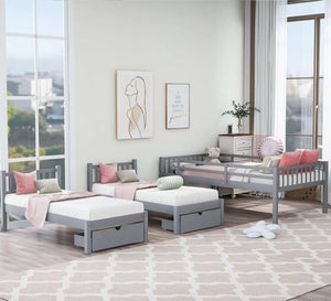 Triple Bunk Bed, Full Over Twin-Twin, Drawers & Nightstand, Gray