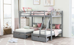 Triple Bunk Bed, Full Over Twin-Twin, Drawers & Nightstand, Gray