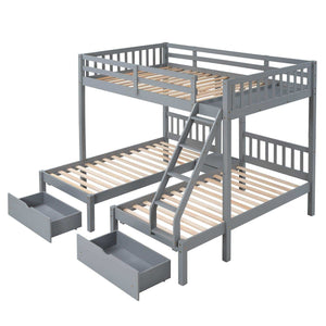 Triple Bunk Bed, Full Over Twin-Twin, Drawers & Nightstand, Gray