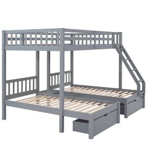 Triple Bunk Bed, Full Over Twin-Twin, Drawers & Nightstand, Gray