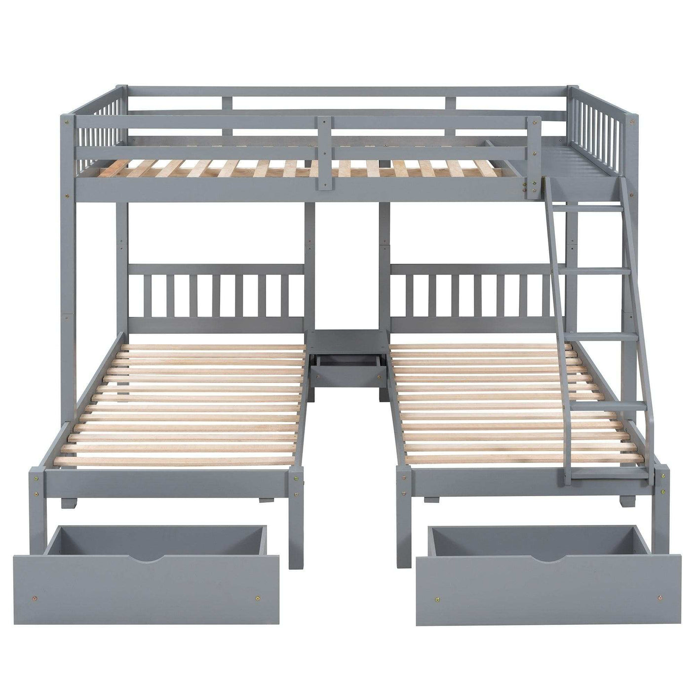 Triple Bunk Bed, Full Over Twin-Twin, Drawers & Nightstand, Gray