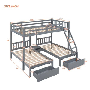 Triple Bunk Bed, Full Over Twin-Twin, Drawers & Nightstand, Gray