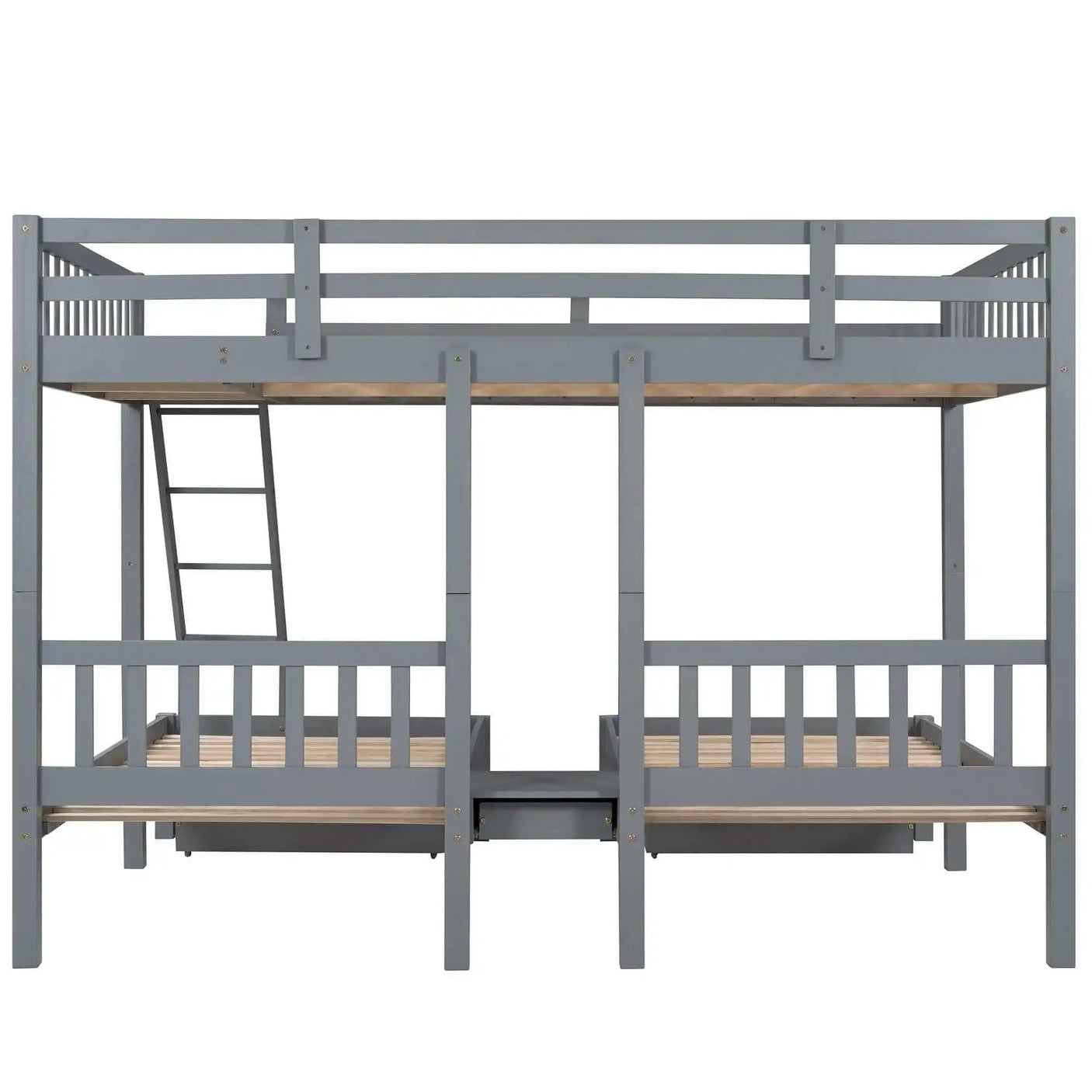 Triple Bunk Bed, Full Over Twin-Twin, Drawers & Nightstand, Gray
