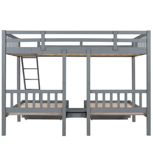 Triple Bunk Bed, Full Over Twin-Twin, Drawers & Nightstand, Gray