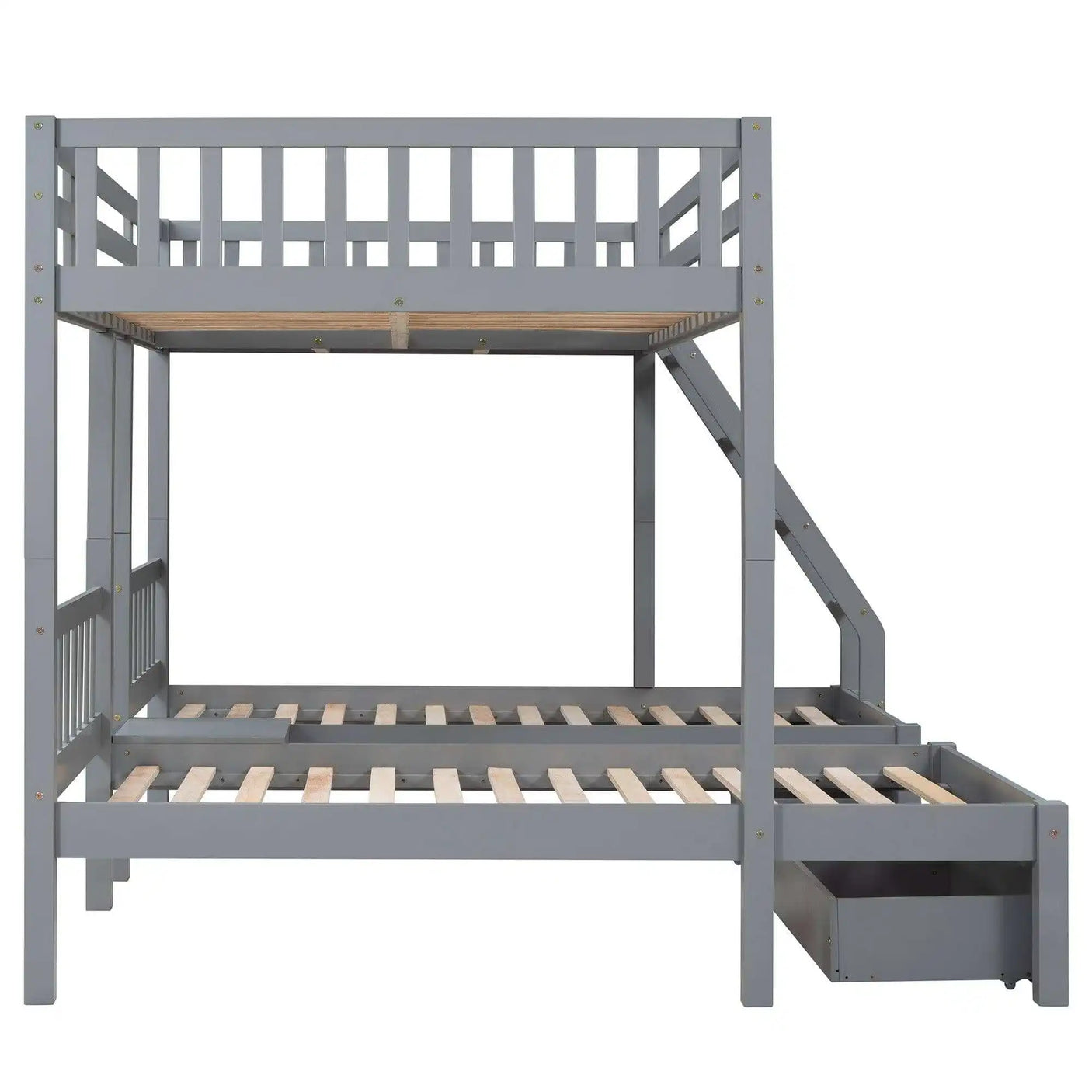Triple Bunk Bed, Full Over Twin-Twin, Drawers & Nightstand, Gray