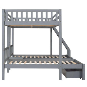 Triple Bunk Bed, Full Over Twin-Twin, Drawers & Nightstand, Gray