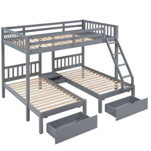 Triple Bunk Bed, Full Over Twin-Twin, Drawers & Nightstand, Gray