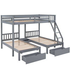 Triple Bunk Bed, Full Over Twin-Twin, Drawers & Nightstand, Gray