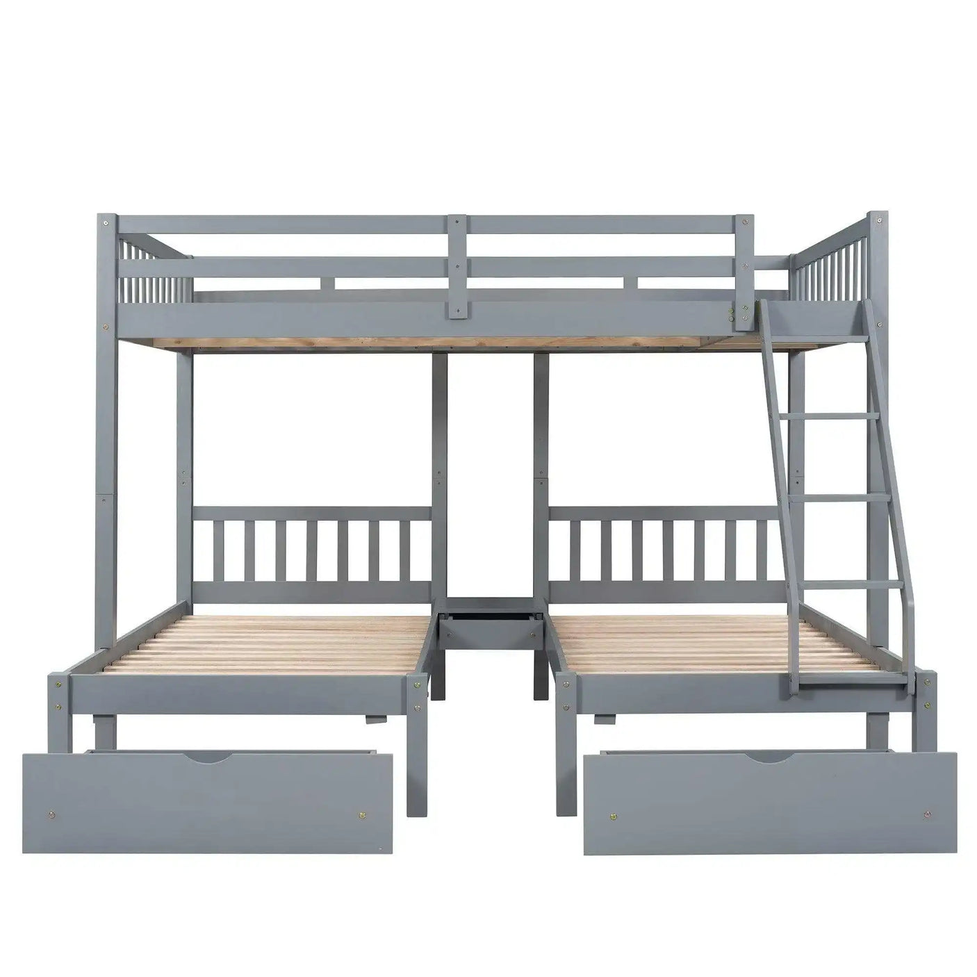 Triple Bunk Bed, Full Over Twin-Twin, Drawers & Nightstand, Gray