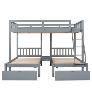 Triple Bunk Bed, Full Over Twin-Twin, Drawers & Nightstand, Gray