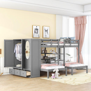 Triple Bunk Bed | Full Over Twin-Twin with Shelves | Wardrobe & Mirror, Gray