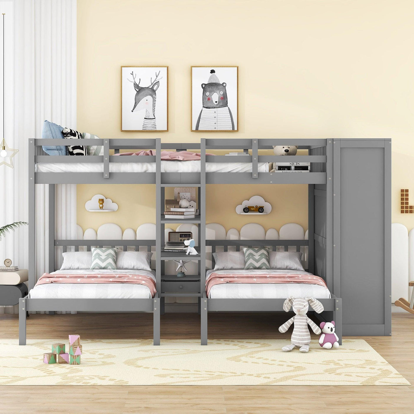 Triple Bunk Bed | Full Over Twin-Twin with Shelves | Wardrobe & Mirror, Gray