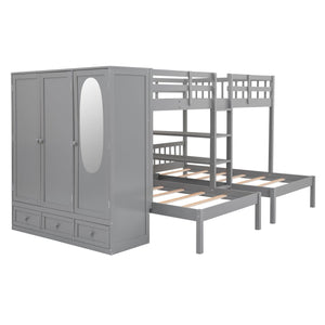 Triple Bunk Bed | Full Over Twin-Twin with Shelves | Wardrobe & Mirror, Gray