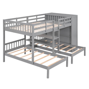 Triple Bunk Bed | Full Over Twin-Twin with Shelves | Wardrobe & Mirror, Gray