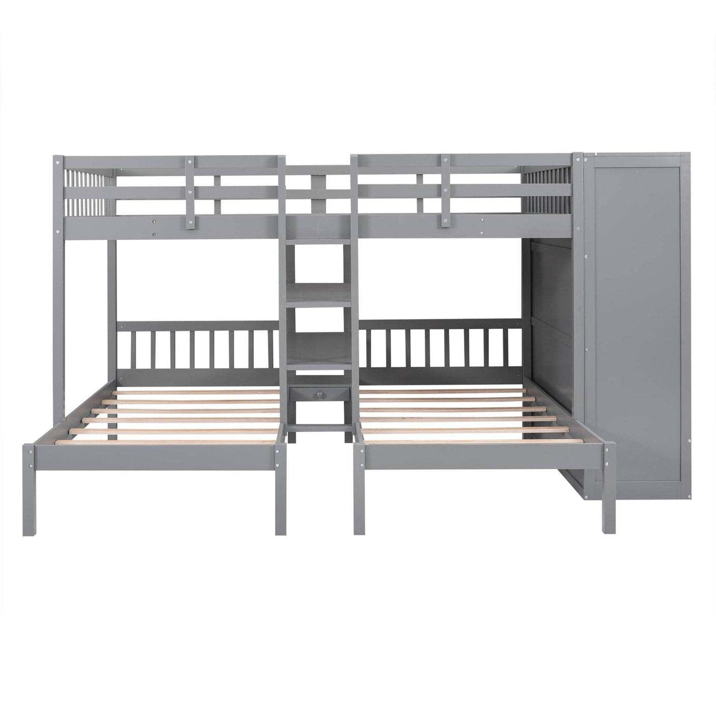 Triple Bunk Bed | Full Over Twin-Twin with Shelves | Wardrobe & Mirror, Gray