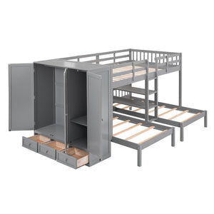 Triple Bunk Bed | Full Over Twin-Twin with Shelves | Wardrobe & Mirror, Gray