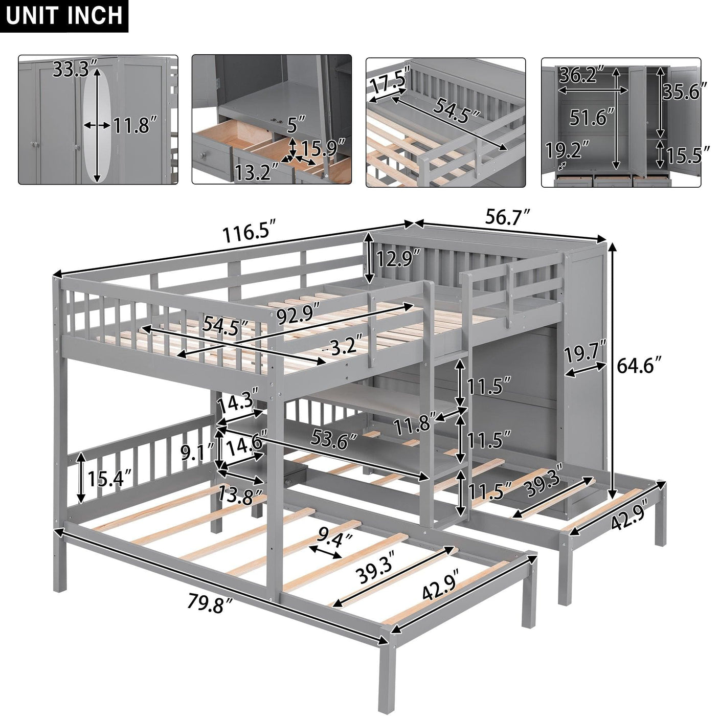 Triple Bunk Bed | Full Over Twin-Twin with Shelves | Wardrobe & Mirror, Gray