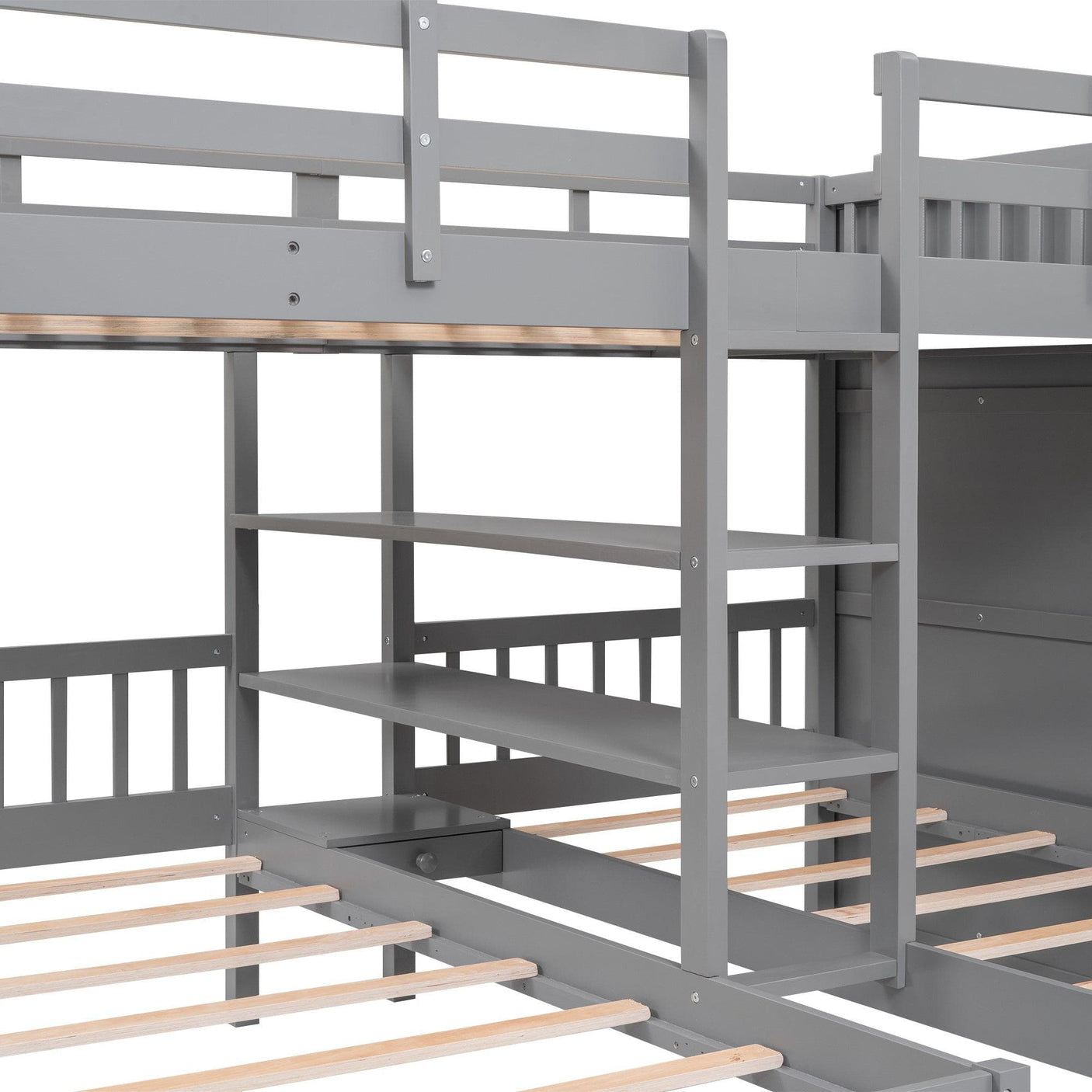 Triple Bunk Bed | Full Over Twin-Twin with Shelves | Wardrobe & Mirror, Gray