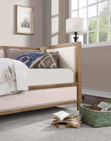 Daybed, Upholstered with Nailhead Trim, Light Oak - Beige Fabric