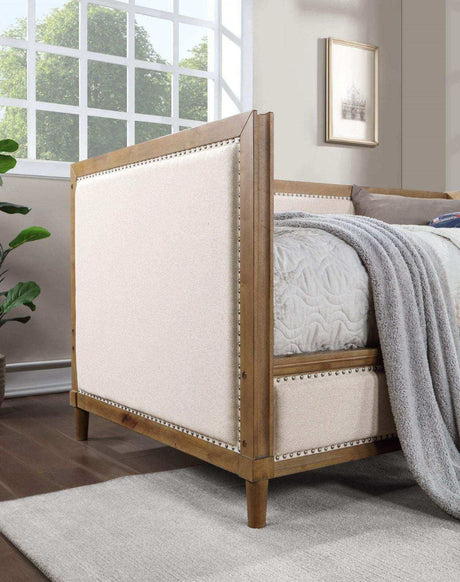 Daybed, Upholstered with Nailhead Trim, Light Oak - Beige Fabric