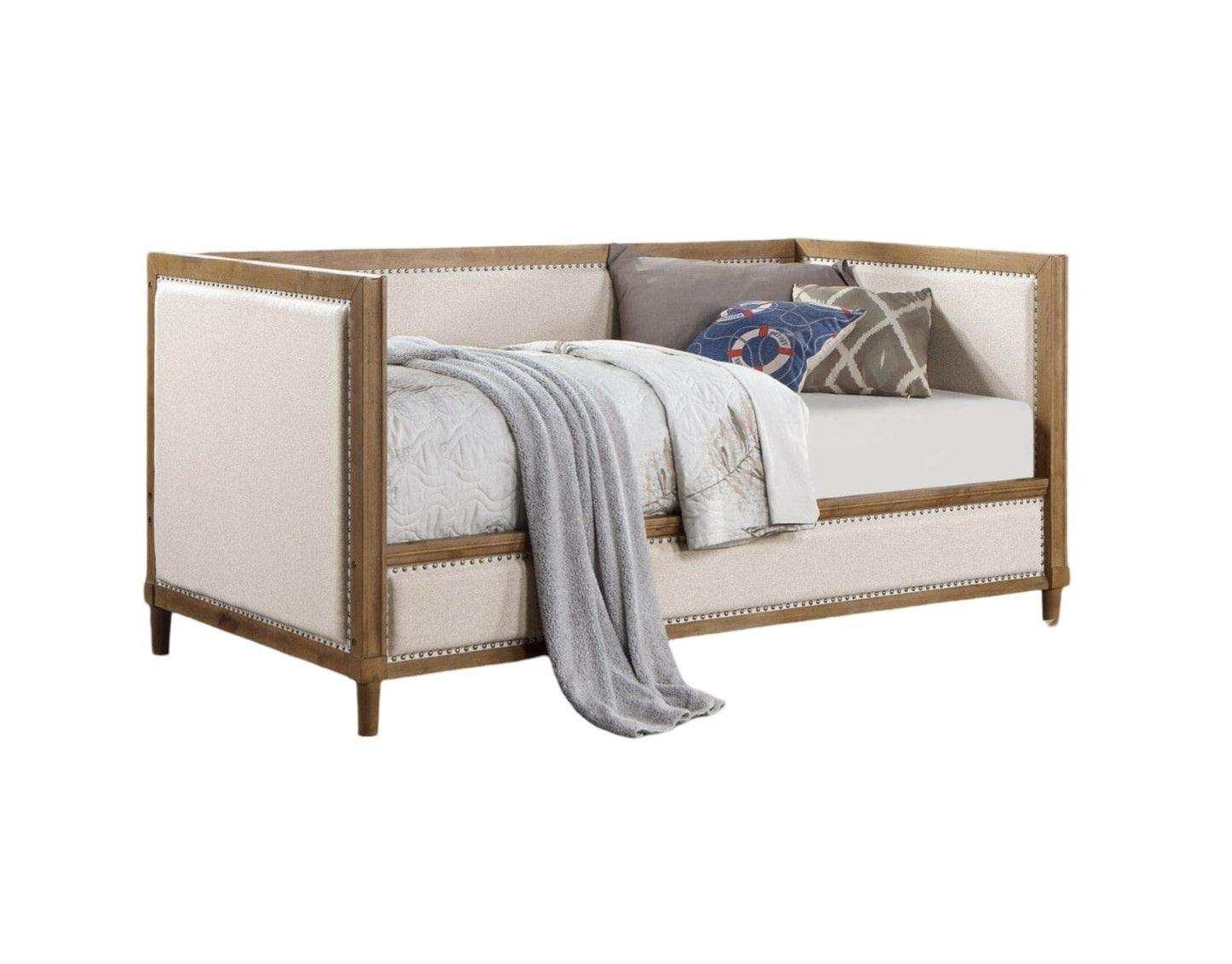 Twin Daybed, Upholstered with Nailhead Trim, Light Oak