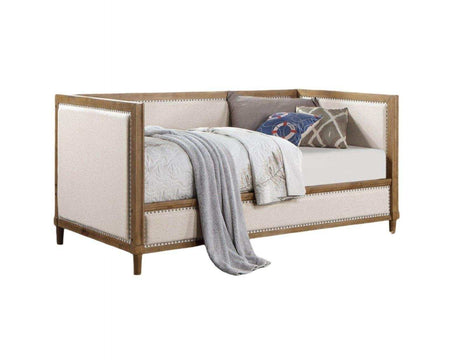 Daybed, Upholstered with Nailhead Trim, Light Oak - Beige Fabric