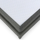 Twin size mattress with white quilted top, gray memory foam, and edge support on bed frame